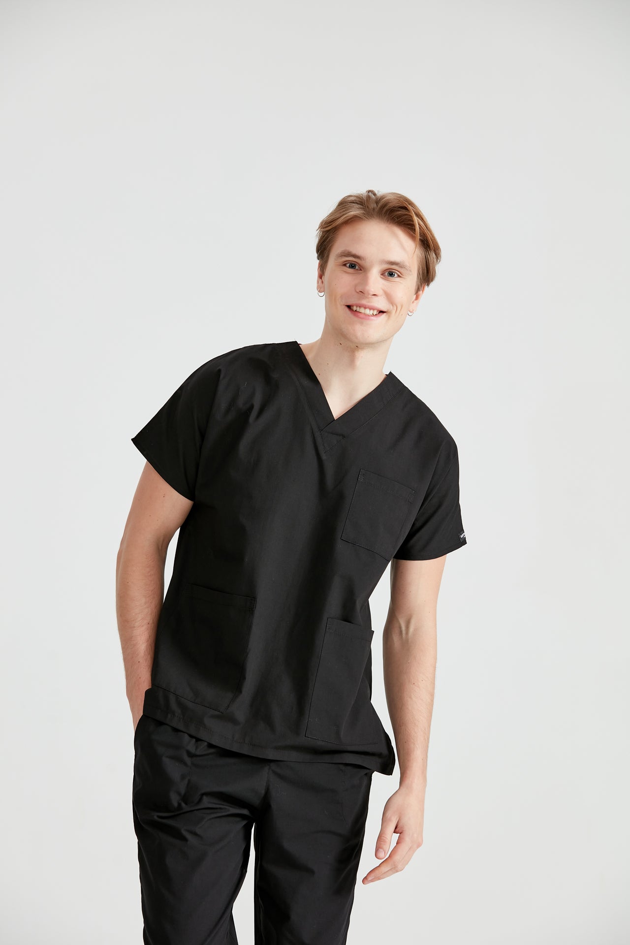 costum medical din elastan de culoare neagra, unisex, model Clasic Flex