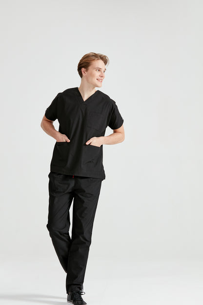 barbat in costum medical din elastan de culoare neagra, unisex, model Clasic Flex