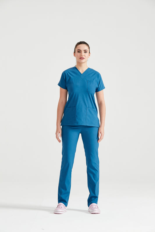 Asistenta medicala imbracat in costum medical femei, albastru Petrol, vedere din fata