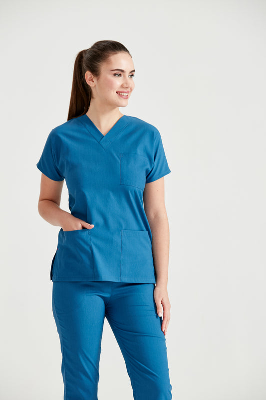  Asistenta medicala imbracat in costum medical femei, albastru Petrol, vedere din profil