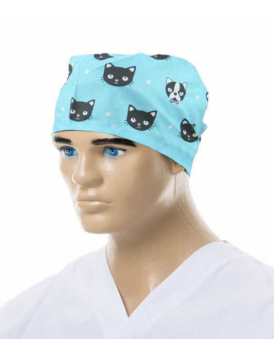 boneta medicala unisex de la Demoteks Medicalwear de culoare albastru deschis cu imprimeu cu pisici negre