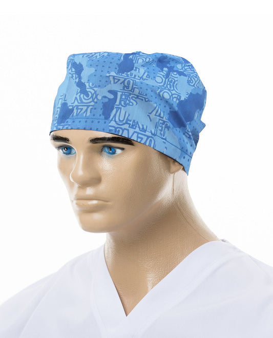 boneta medicala de la Demoteks Medicalwear albastru deschis cu imprimeu camuflaj de culoare bleu