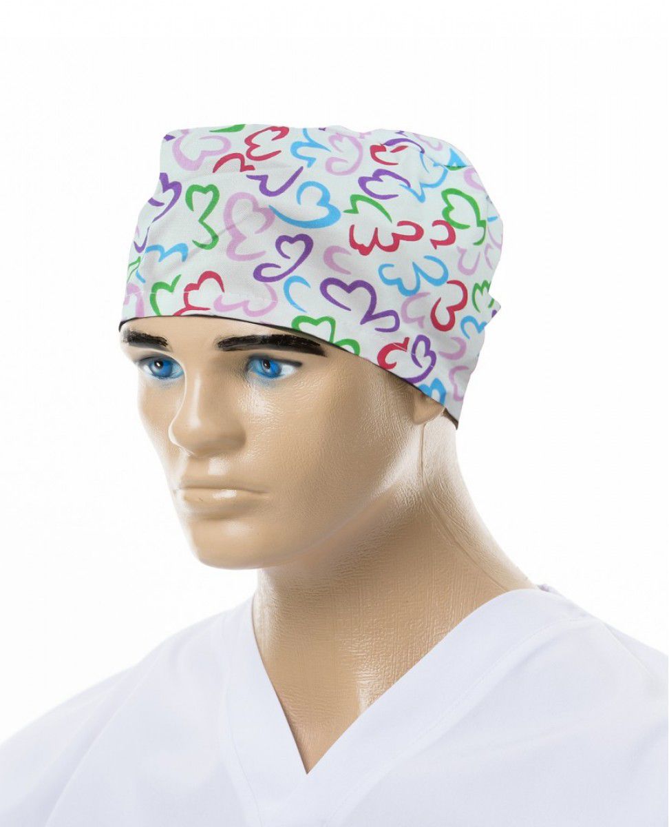 boneta medicala unisex de la Demoteks Medicalwear de culoare alba cu imprimeu cu inimi colorate