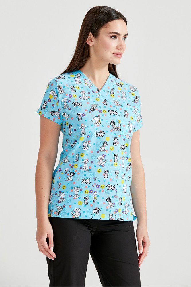 Blue Medical Blouse with Print, For Women - Dalmatian Model
