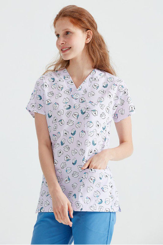 Lilac Medical Blouse with Print, For Women - Big Teeth Model