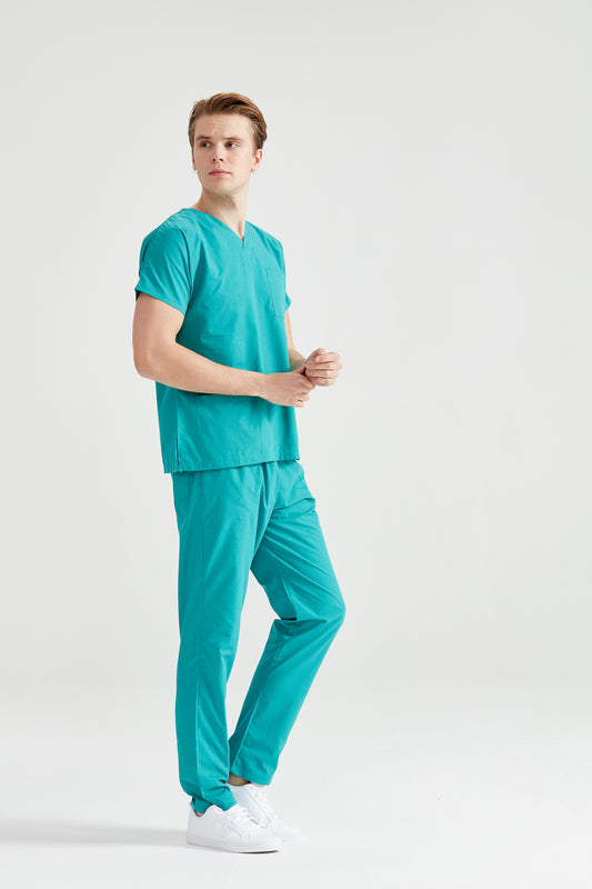 Asistent medical imbracat in costum medical barbati, elastan, Surgical Green, vedere din profil