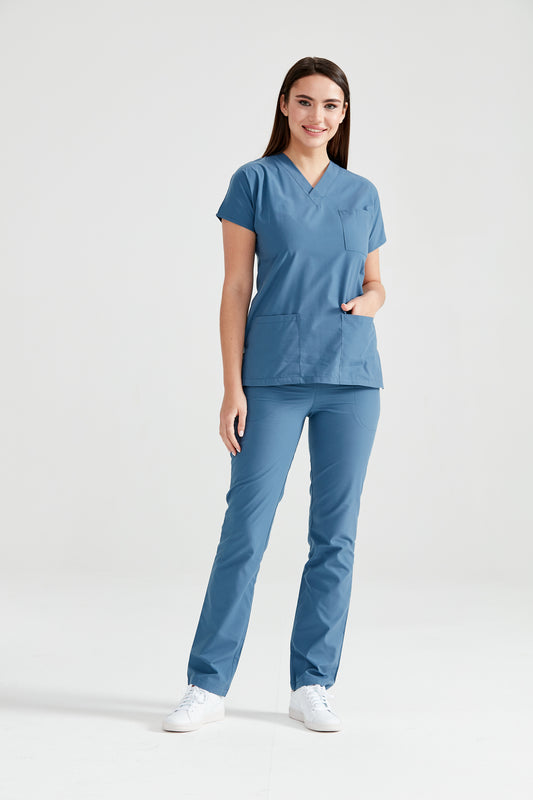 Asistenta medicala in costum Petrol Grey, vedere din fata