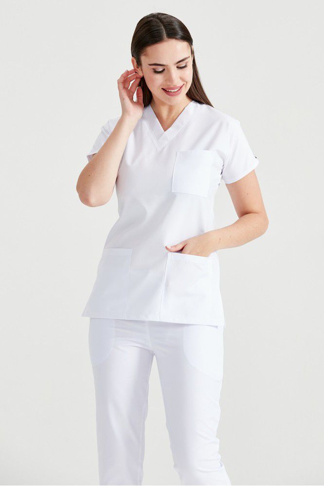 Asistenta medicala imbracata in costum medical de dama din elastan, alb - white, vedere din fata