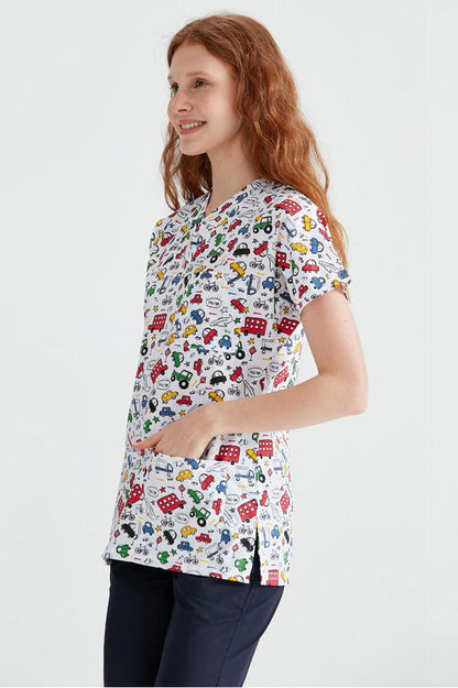 White Medical Blouse with Print, For Women - Cars Model