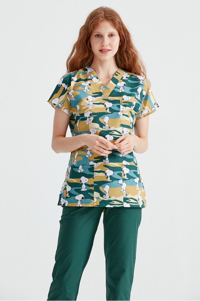 White medical blouse with print, for women - Snoopy model