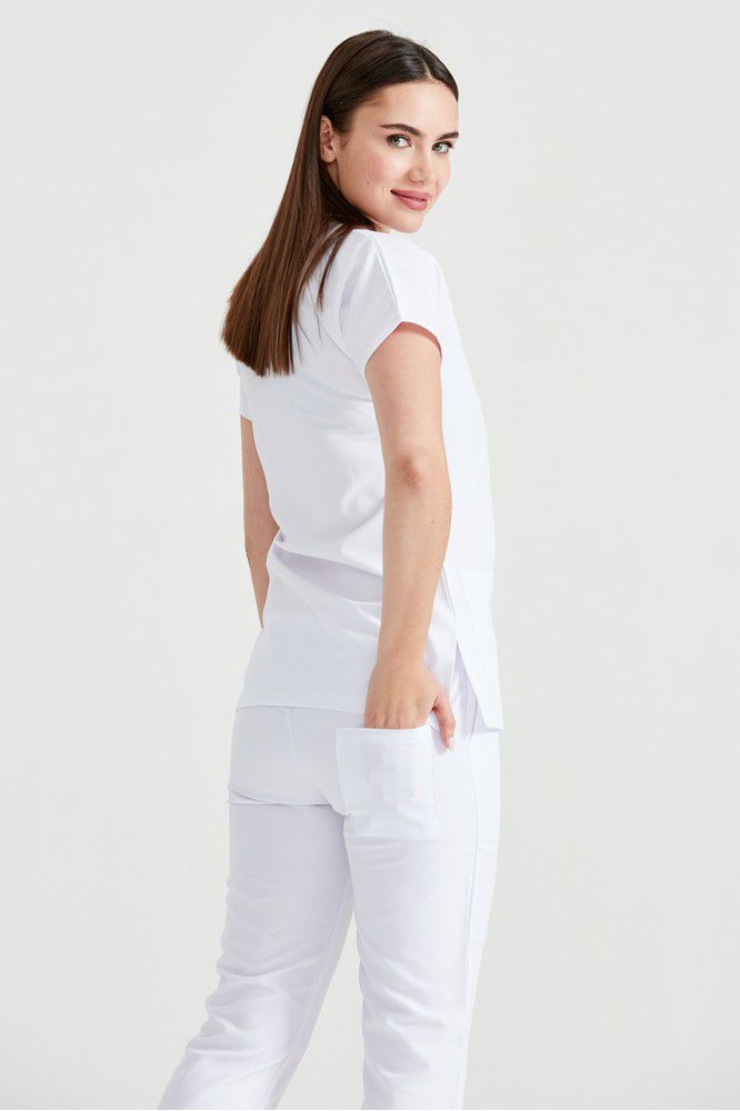 Asistenta medicala imbracata in costum medical de dama din elastan, alb - white, vedere din spate