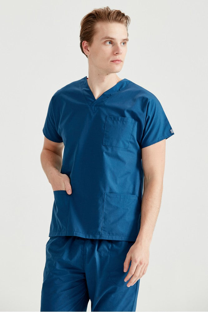 Asistent medical imbracat in costum medical pentru barbati, elastan, albastru indigo, vedere din fata