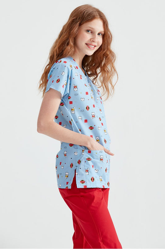 Bluza Medicala Albastru cu Imprimeu, Pentru Femei - Model Hello Kitty