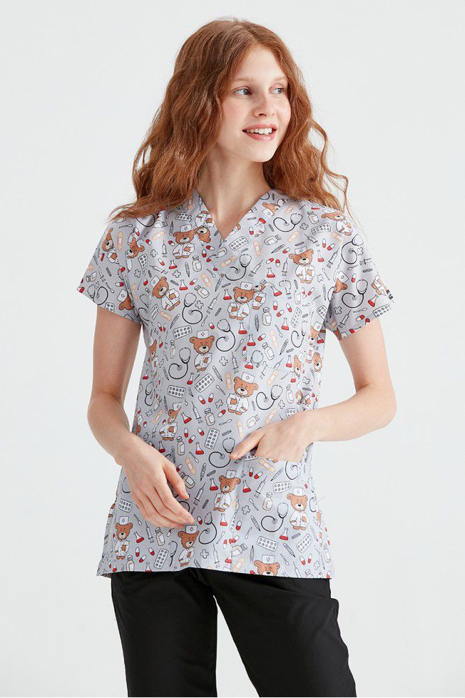 Classic Medical Blouse, Gray with Print, Women - Teddy Bear Model