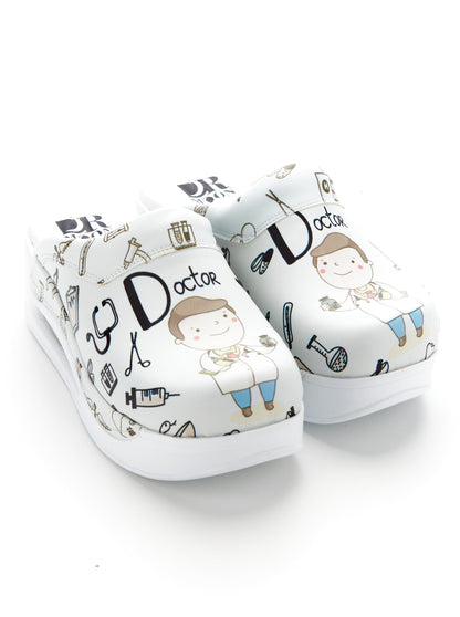 White orthopedic medical clogs with print, unisex - Airmax Doctor White model