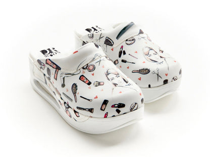 Orthopedic Medical Clogs, White with Print, Women - Model Airmax Beauty Face