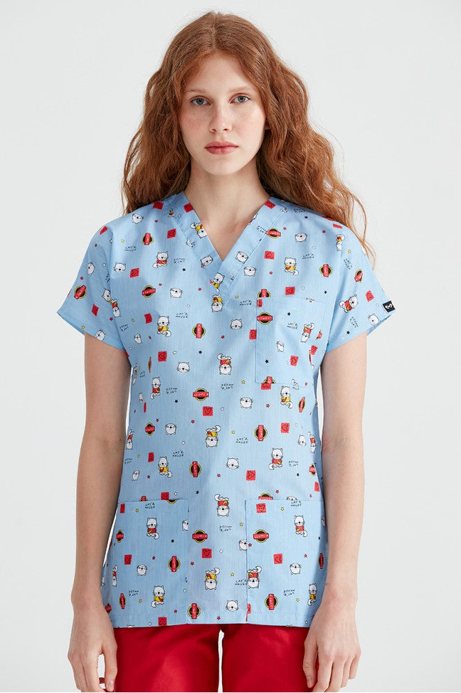 White medical blouse with print, for women - Hello Kitty model