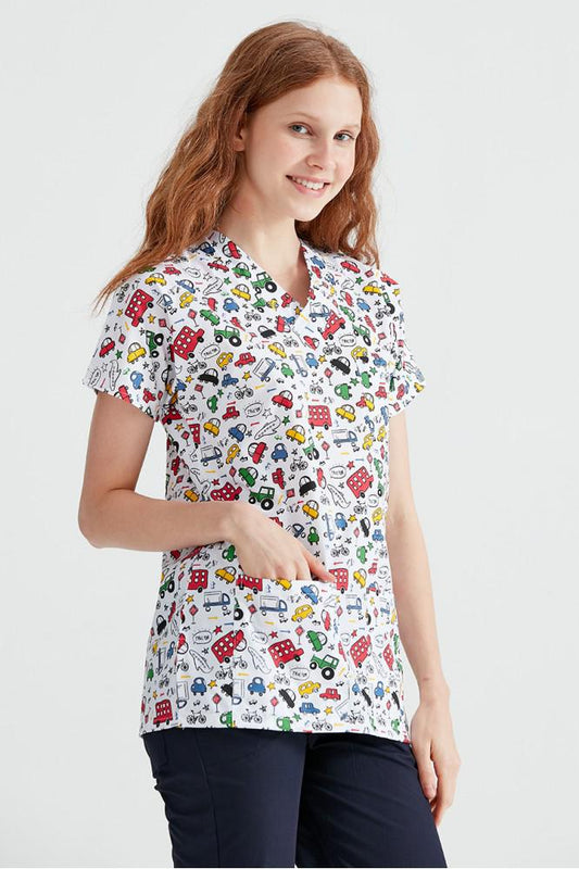 White Medical Blouse with Print, For Women - Cars Model