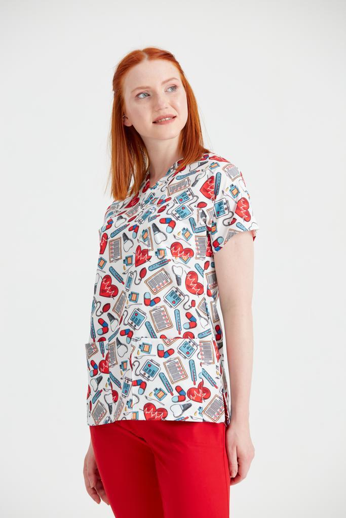 Elastane Medical Blouse, White with Print, Women - Hearts Pattern